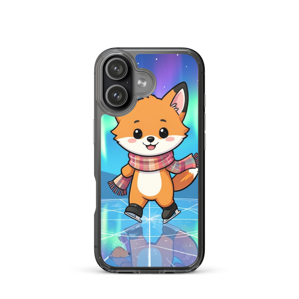 Cozy Baby Fox Ice Skating Phone Case with Northern Lights