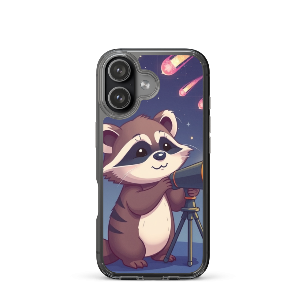 Cheerful Baby Raccoon Astronomer Phone Case with Glowing Comets