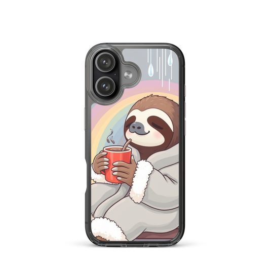 Cozy Sloth in Robe Phone Case with Rainbows and Hot Cocoa