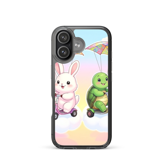 Playful Bunny and Turtle Racing Phone Case with Candy Sky