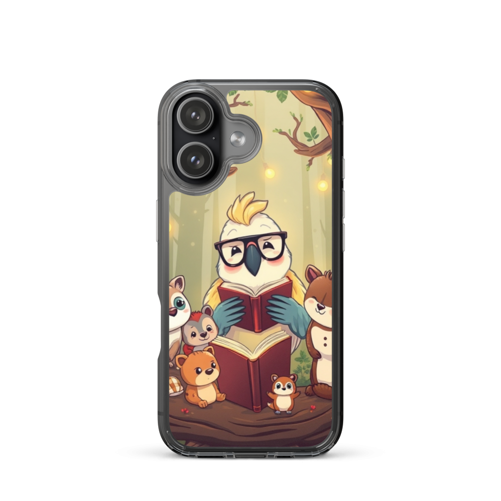 Chubby Parrot Storyteller Phone Case with Forest Animals and Fairy Lights