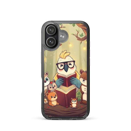 Chubby Parrot Storyteller Phone Case with Forest Animals and Fairy Lights