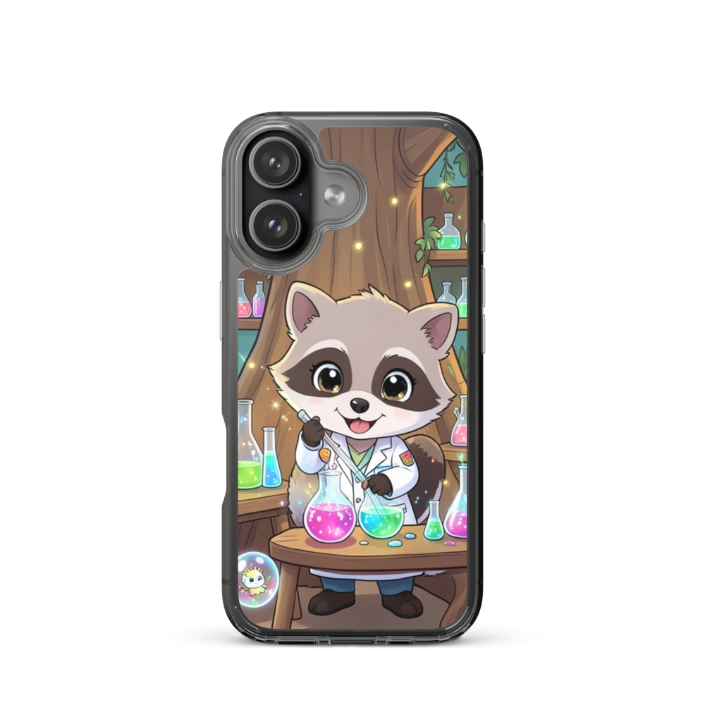 Joyful Baby Raccoon Scientist Phone Case with Magical Potion Bubbles