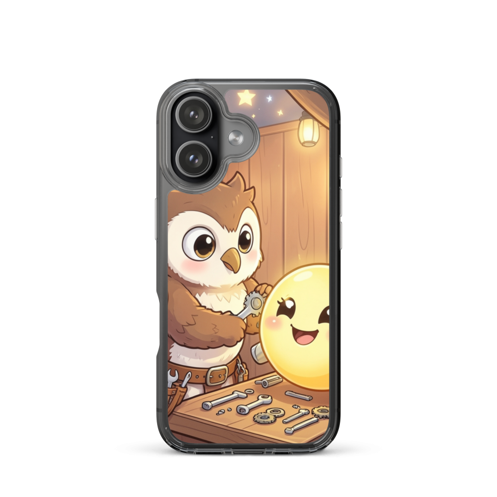Whimsical Owl Mechanic Phone Case with Cozy Starry Workshop Scene
