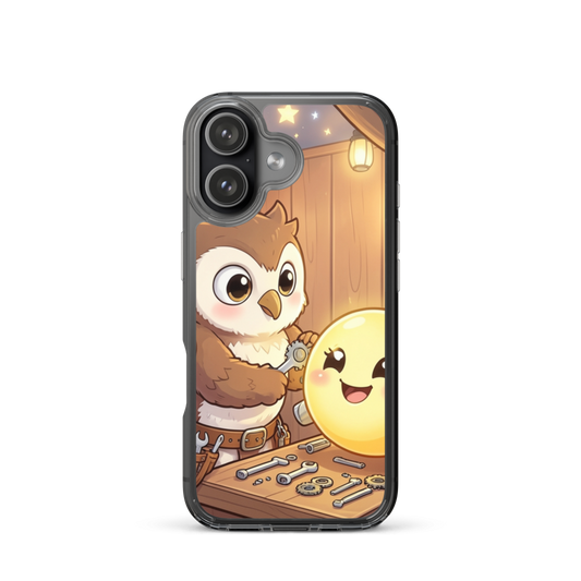Whimsical Owl Mechanic Phone Case with Cozy Starry Workshop Scene
