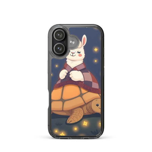 Smiling Baby Llama Stargazing Phone Case with Cozy Blanket and Fireflies