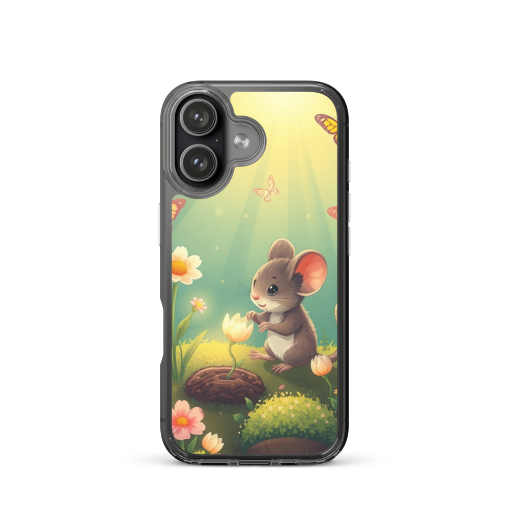 Playful Tiny Mouse Gardener Phone Case with Glowing Musical Flowers